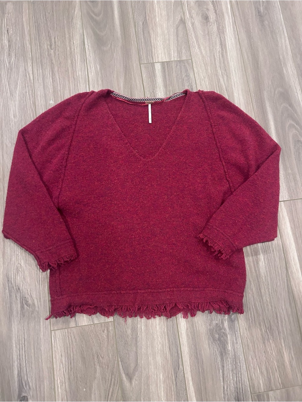 Free People V-Neck Fringe Hem Sweater - Burgundy